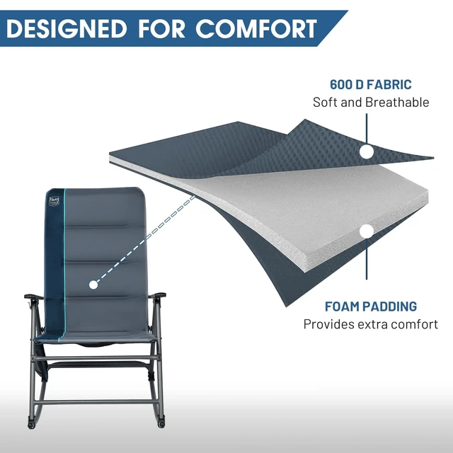 Alt view image 5 of 7 - Oversized Folding Rocking Camping Chair, Padded Outdoor Rocker with High Back, Portable Outdoor Chair for Patio, Garden, Lawn, Supports up to 400 lbs, Blue