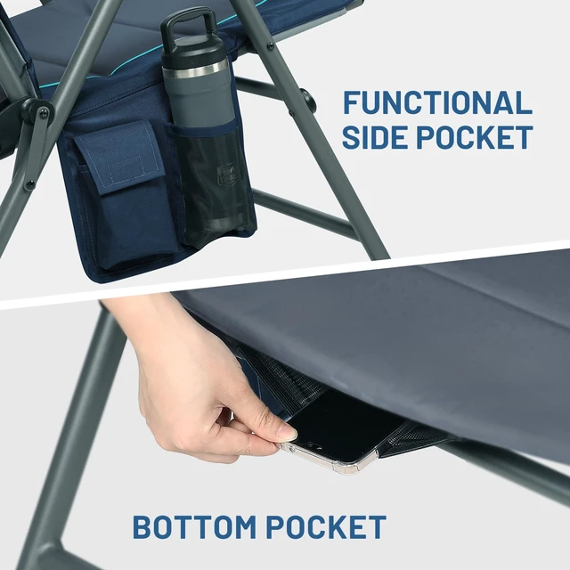 Alt view image 6 of 7 - Oversized Folding Rocking Camping Chair, Padded Outdoor Rocker with High Back, Portable Outdoor Chair for Patio, Garden, Lawn, Supports up to 400 lbs, Blue