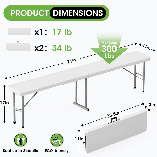Alt view image 2 of 7 - Folding Bench 6 ft, 2Pcs Foldable Plastic Bench with Handle & HDPE Tabletop | Portable Bench Seat, Indoor Outdoor Use, for Picnic Party Camping, White