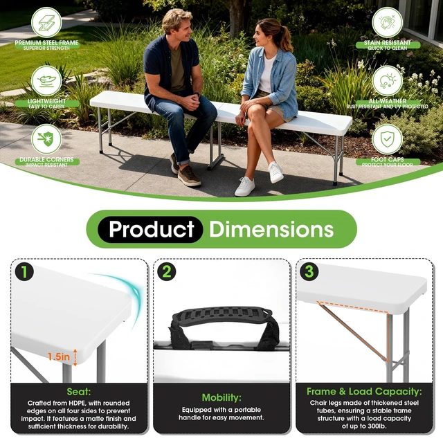 Alt view image 4 of 7 - Folding Bench 6 ft, 2Pcs Foldable Plastic Bench with Handle & HDPE Tabletop | Portable Bench Seat, Indoor Outdoor Use, for Picnic Party Camping, White