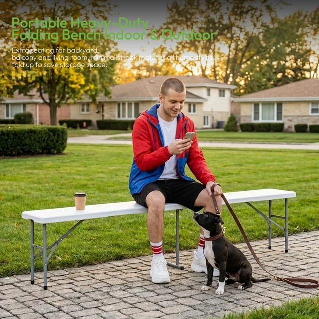 Alt view image 5 of 7 - Folding Bench 6 ft, 2Pcs Foldable Plastic Bench with Handle & HDPE Tabletop | Portable Bench Seat, Indoor Outdoor Use, for Picnic Party Camping, White