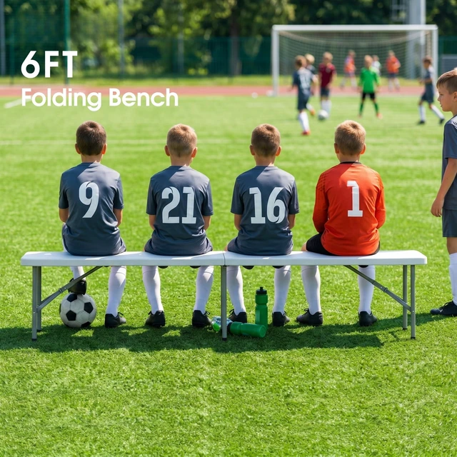 Alt view image 6 of 7 - Folding Bench 6 ft, 2Pcs Foldable Plastic Bench with Handle & HDPE Tabletop | Portable Bench Seat, Indoor Outdoor Use, for Picnic Party Camping, White