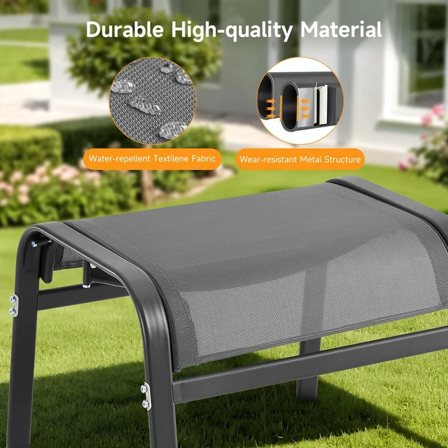 Alt view image 3 of 7 - Outdoor Ottoman Set of 2, Oversized Outdoor Foot Rest, Grey | Stackable, All Weather Outdoor Foot Stool, Supportive Textliene, Metal Frame, Patio Garden Pool Furniture
