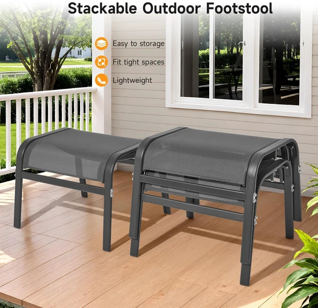 Alt view image 4 of 7 - Outdoor Ottoman Set of 2, Oversized Outdoor Foot Rest, Grey | Stackable, All Weather Outdoor Foot Stool, Supportive Textliene, Metal Frame, Patio Garden Pool Furniture