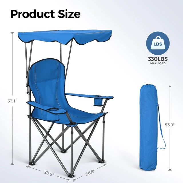 Alt view image 2 of 7 - Heavy Duty Canopy Camping Chairs with Adjustable Sunshade | Heavy duty 400 LBS, Steel Frame, Sturdy, Ergonomic,600D Oxford fabric ,Phone holder Cup holder,Carry Bag,Easy to set up