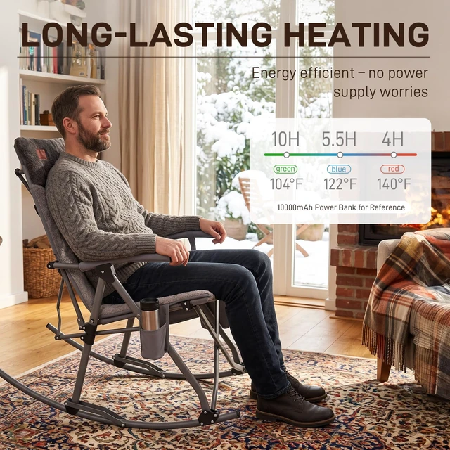 Alt view image 3 of 7 - Heated Oversized Folding Rocking Camping Chair, Padded | Portable Rocker Chair for Patio, Lawn and Outdoors, Heavy Duty Hard Armchair for Adults Supports 400lbs