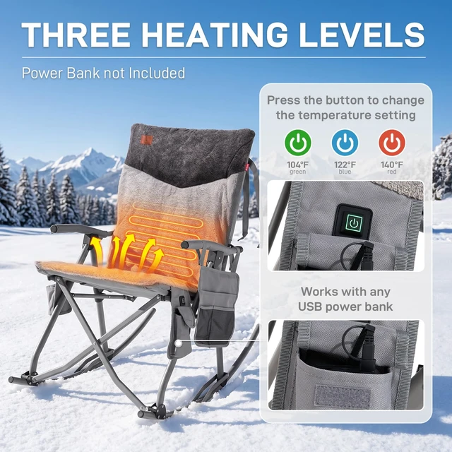 Alt view image 4 of 7 - Heated Oversized Folding Rocking Camping Chair, Padded | Portable Rocker Chair for Patio, Lawn and Outdoors, Heavy Duty Hard Armchair for Adults Supports 400lbs