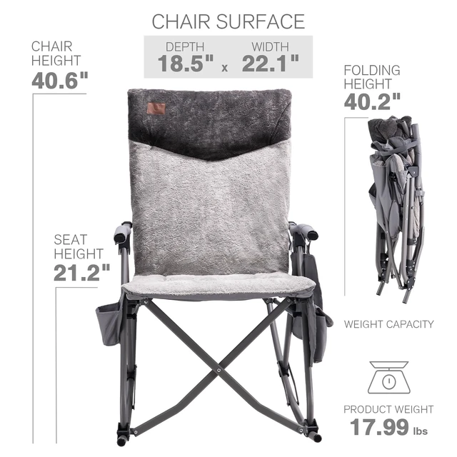 Alt view image 6 of 7 - Heated Oversized Folding Rocking Camping Chair, Padded | Portable Rocker Chair for Patio, Lawn and Outdoors, Heavy Duty Hard Armchair for Adults Supports 400lbs