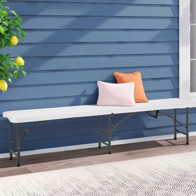Alt view image 2 of 7 - 6FT Bench Chair Plastic Folding Bench Plastic Portable Outdoor Bench Garden Bench with Carrying Handle and Lock for Camping Picnic Party Dining 2 Pack White