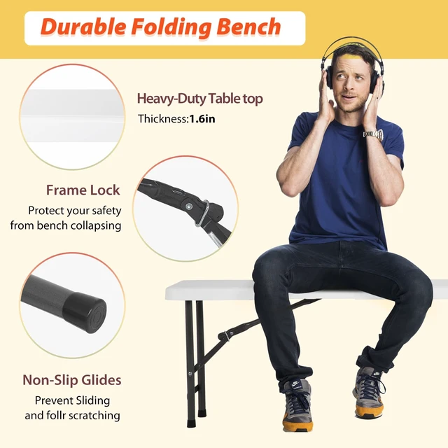 Alt view image 3 of 7 - 6FT Bench Chair Plastic Folding Bench Plastic Portable Outdoor Bench Garden Bench with Carrying Handle and Lock for Camping Picnic Party Dining 2 Pack White