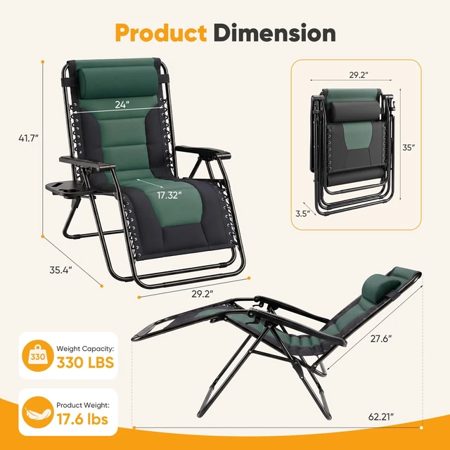 Alt view image 2 of 7 - Padded Zero Gravity Lounge Chair, Oversized Recliner Chair | Folding Outdoor Beach Reclining Camping Patio Lounge Chair with Adjustable Pillow and Trays for Poolside Lawn,