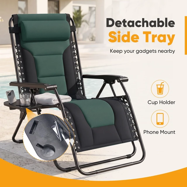 Alt view image 4 of 7 - Padded Zero Gravity Lounge Chair, Oversized Recliner Chair | Folding Outdoor Beach Reclining Camping Patio Lounge Chair with Adjustable Pillow and Trays for Poolside Lawn,