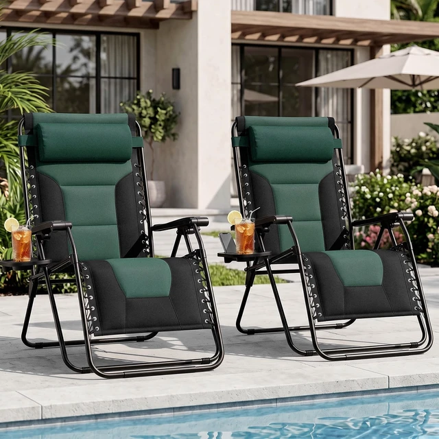 Alt view image 3 of 7 - Padded Zero Gravity Lounge Chair, Oversized Recliner Chair | Folding Outdoor Beach Reclining Camping Patio Lounge Chair with Adjustable Pillow and Trays for Poolside Lawn,