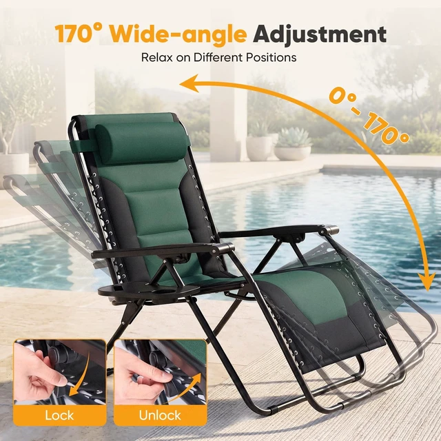 Alt view image 5 of 7 - Padded Zero Gravity Lounge Chair, Oversized Recliner Chair | Folding Outdoor Beach Reclining Camping Patio Lounge Chair with Adjustable Pillow and Trays for Poolside Lawn,