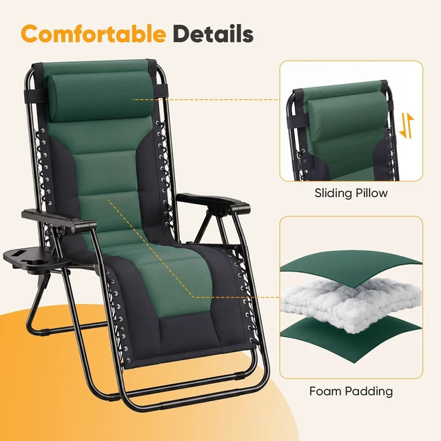 Alt view image 6 of 7 - Padded Zero Gravity Lounge Chair, Oversized Recliner Chair | Folding Outdoor Beach Reclining Camping Patio Lounge Chair with Adjustable Pillow and Trays for Poolside Lawn,