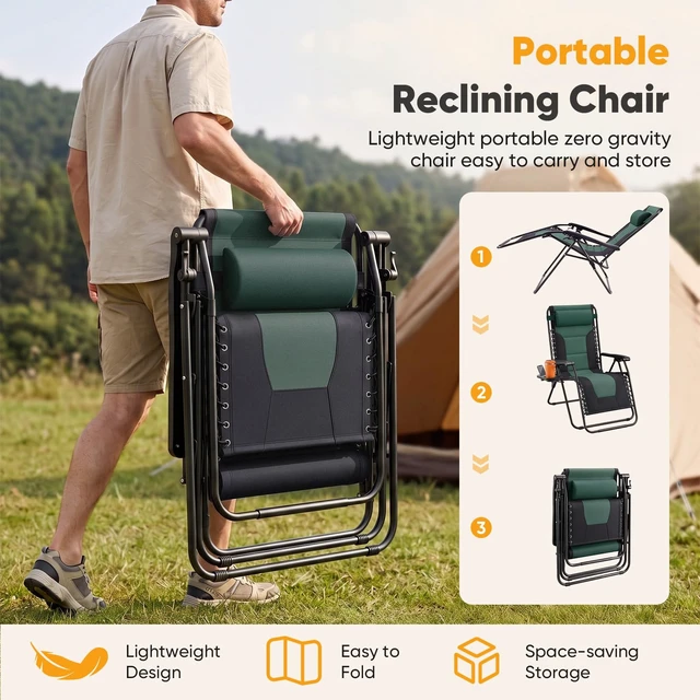 Alt view image 7 of 7 - Padded Zero Gravity Lounge Chair, Oversized Recliner Chair | Folding Outdoor Beach Reclining Camping Patio Lounge Chair with Adjustable Pillow and Trays for Poolside Lawn,