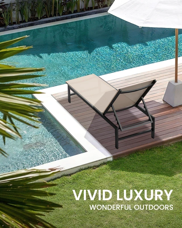 Alt view image 5 of 6 - Lounge Chair Outdoor, Aluminum Pool Lounge Chairs with 5-Position Recliner, Patio Chaise Lounge Outdoor for Backyard, Poolside, Deck (Khaki)