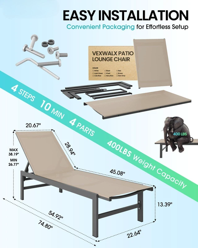 Alt view image 6 of 6 - Lounge Chair Outdoor, Aluminum Pool Lounge Chairs with 5-Position Recliner, Patio Chaise Lounge Outdoor for Backyard, Poolside, Deck (Khaki)
