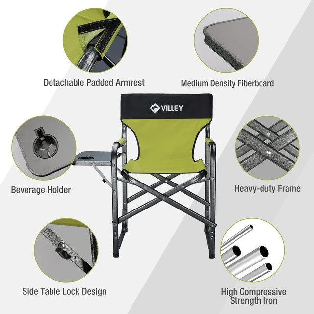 Alt view image 5 of 6 - Heavy Duty Directors Chair, Folding Camping Chair, 350 lbs Capacity | Durable Outdoor Chair with Side Table & Cup Holder for Camping, Tailgating, Lawn, Picnic, Fishing & Beach