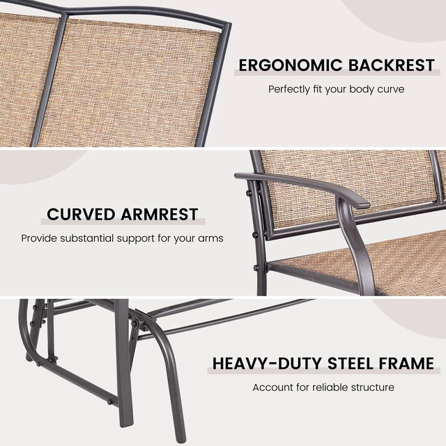 Alt view image 2 of 7 - Patio Glider Benches for Outside, Swing Glider Chair w/Steel Frame | 400 LBS Capacity, Patio Swing Rocker, 2-Person Loveseat for Backyard, Poolside, Lawn, Balcony, Porch Glider Bench(Brown)