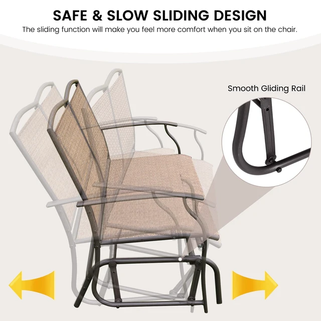 Alt view image 4 of 7 - Patio Glider Benches for Outside, Swing Glider Chair w/Steel Frame | 400 LBS Capacity, Patio Swing Rocker, 2-Person Loveseat for Backyard, Poolside, Lawn, Balcony, Porch Glider Bench(Brown)