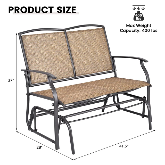 Alt view image 6 of 7 - Patio Glider Benches for Outside, Swing Glider Chair w/Steel Frame | 400 LBS Capacity, Patio Swing Rocker, 2-Person Loveseat for Backyard, Poolside, Lawn, Balcony, Porch Glider Bench(Brown)
