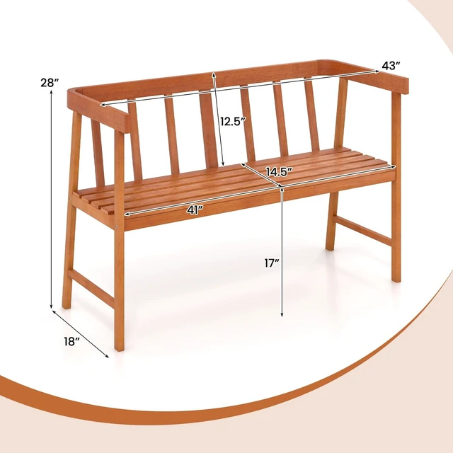 Alt view image 4 of 7 - Outdoor Eucalyptus Wood Bench, 2-Person Garden Bench, Natural | Backrest & Armrests, Garden Bench with Slatted Seat for Porch, Park, Backyard, 800 Lbs Max Load, 43" L x 18" W x 28" H
