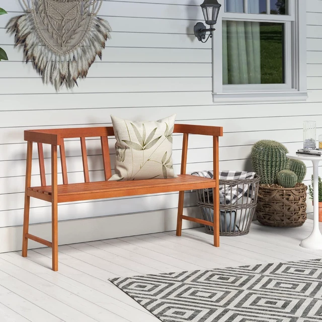 Alt view image 2 of 7 - Outdoor Eucalyptus Wood Bench, 2-Person Garden Bench, Natural | Backrest & Armrests, Garden Bench with Slatted Seat for Porch, Park, Backyard, 800 Lbs Max Load, 43" L x 18" W x 28" H