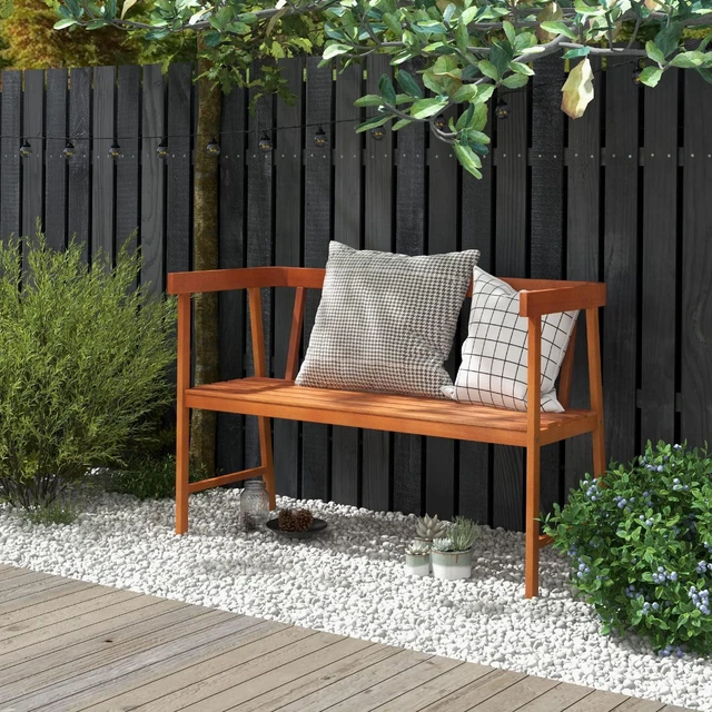 Alt view image 3 of 7 - Outdoor Eucalyptus Wood Bench, 2-Person Garden Bench, Natural | Backrest & Armrests, Garden Bench with Slatted Seat for Porch, Park, Backyard, 800 Lbs Max Load, 43" L x 18" W x 28" H