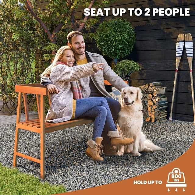 Alt view image 5 of 7 - Outdoor Eucalyptus Wood Bench, 2-Person Garden Bench, Natural | Backrest & Armrests, Garden Bench with Slatted Seat for Porch, Park, Backyard, 800 Lbs Max Load, 43" L x 18" W x 28" H