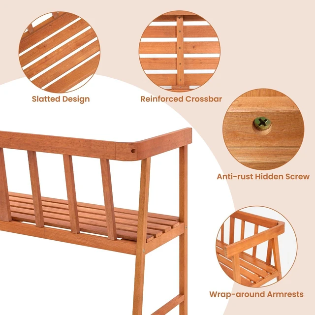 Alt view image 6 of 7 - Outdoor Eucalyptus Wood Bench, 2-Person Garden Bench, Natural | Backrest & Armrests, Garden Bench with Slatted Seat for Porch, Park, Backyard, 800 Lbs Max Load, 43" L x 18" W x 28" H