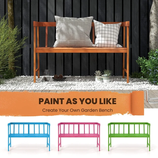Alt view image 7 of 7 - Outdoor Eucalyptus Wood Bench, 2-Person Garden Bench, Natural | Backrest & Armrests, Garden Bench with Slatted Seat for Porch, Park, Backyard, 800 Lbs Max Load, 43" L x 18" W x 28" H
