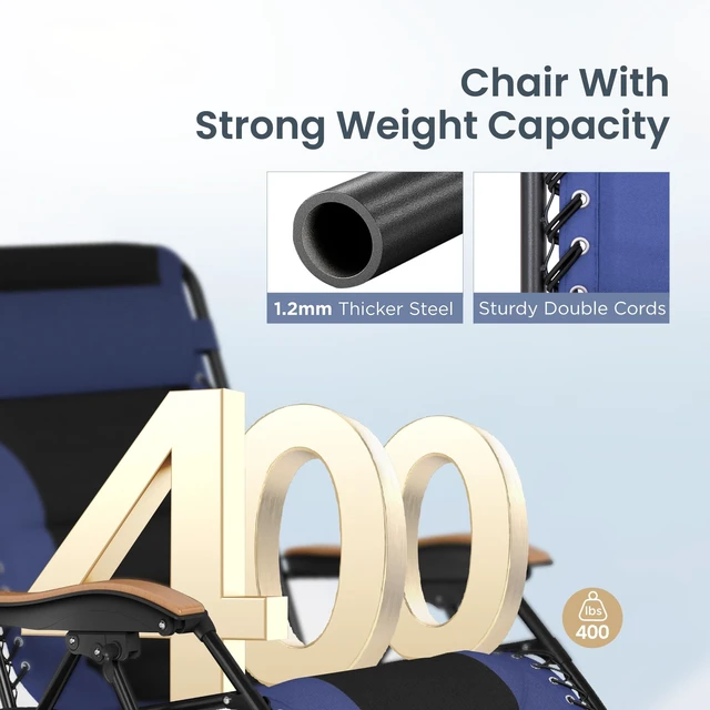 Alt view image 2 of 7 - Oversized Padded Zero Gravity Chair Recliner, 30" Wide 400 LBS | Navy Blue w/ Pillow & Cup Holder Tray, Wooden Armrest, Foldable Patio Lounge Chair Recliner for Decks, Beach, and Camping