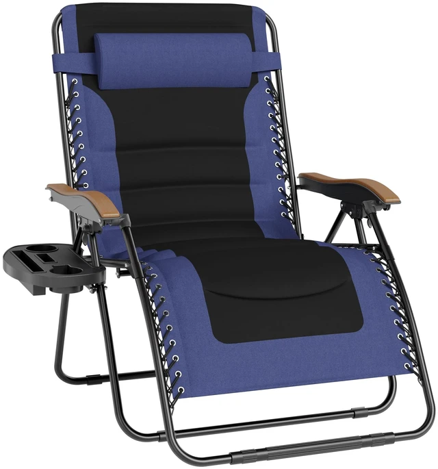 Main image of Oversized Padded Zero Gravity Chair Recliner, 30" Wide 400 LBS | Navy Blue w/ Pillow & Cup Holder Tray, Wooden Armrest, Foldable Patio Lounge Chair Recliner for Decks, Beach, and Camping