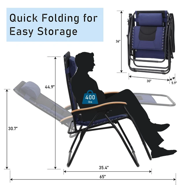 Alt view image 3 of 7 - Oversized Padded Zero Gravity Chair Recliner, 30" Wide 400 LBS | Navy Blue w/ Pillow & Cup Holder Tray, Wooden Armrest, Foldable Patio Lounge Chair Recliner for Decks, Beach, and Camping
