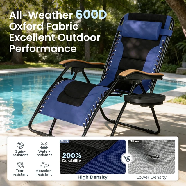 Alt view image 5 of 7 - Oversized Padded Zero Gravity Chair Recliner, 30" Wide 400 LBS | Navy Blue w/ Pillow & Cup Holder Tray, Wooden Armrest, Foldable Patio Lounge Chair Recliner for Decks, Beach, and Camping