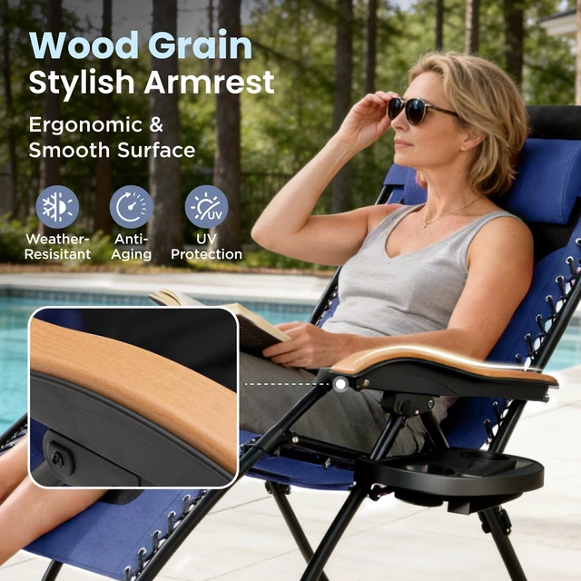 Alt view image 4 of 7 - Oversized Padded Zero Gravity Chair Recliner, 30" Wide 400 LBS | Navy Blue w/ Pillow & Cup Holder Tray, Wooden Armrest, Foldable Patio Lounge Chair Recliner for Decks, Beach, and Camping