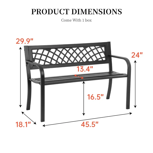 Alt view image 2 of 7 - | 45.5" Outdoor Garden Bench | Black | 400lbs Load Capacity | Heavy Duty Metal Patio Bench with Grid Design | Rust & Weather-Resistant | For Lawn, Yard, Parks, Patio, Porch, Entryway