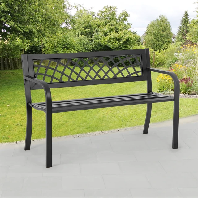 Alt view image 3 of 7 - | 45.5" Outdoor Garden Bench | Black | 400lbs Load Capacity | Heavy Duty Metal Patio Bench with Grid Design | Rust & Weather-Resistant | For Lawn, Yard, Parks, Patio, Porch, Entryway