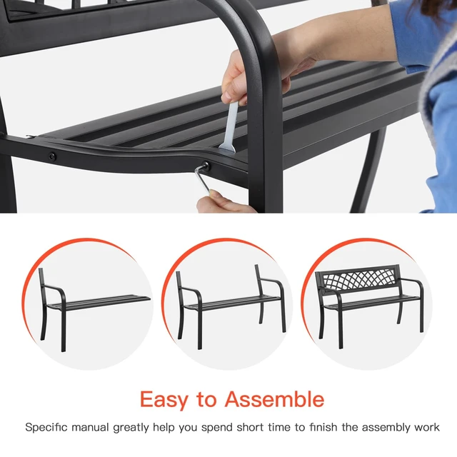 Alt view image 6 of 7 - | 45.5" Outdoor Garden Bench | Black | 400lbs Load Capacity | Heavy Duty Metal Patio Bench with Grid Design | Rust & Weather-Resistant | For Lawn, Yard, Parks, Patio, Porch, Entryway