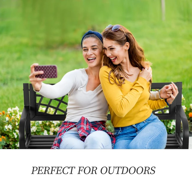 Alt view image 7 of 7 - | 45.5" Outdoor Garden Bench | Black | 400lbs Load Capacity | Heavy Duty Metal Patio Bench with Grid Design | Rust & Weather-Resistant | For Lawn, Yard, Parks, Patio, Porch, Entryway