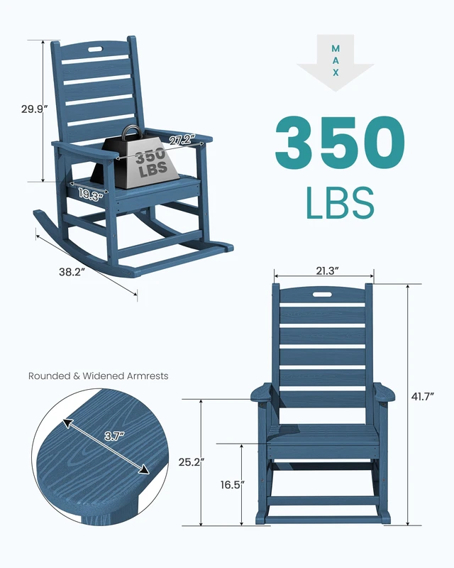 Alt view image 2 of 7 - HDPE Outdoor Rocking Chair with Footboard, HDPE, All-Weather, Navy | Heavy Duty Front Porch Rocker with Footrest, all Weather Porch Rocker for Deck Patio Balcony, 350lbs Weight Capacity