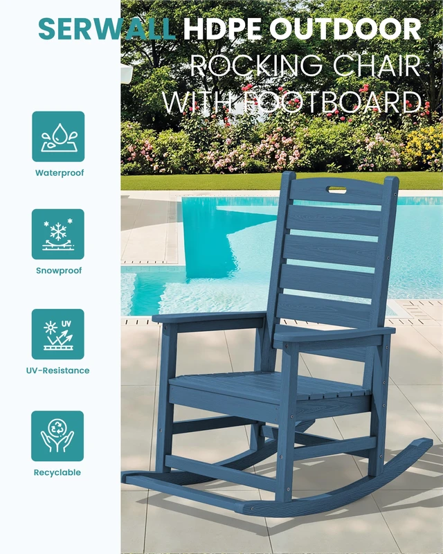 Alt view image 3 of 7 - HDPE Outdoor Rocking Chair with Footboard, HDPE, All-Weather, Navy | Heavy Duty Front Porch Rocker with Footrest, all Weather Porch Rocker for Deck Patio Balcony, 350lbs Weight Capacity