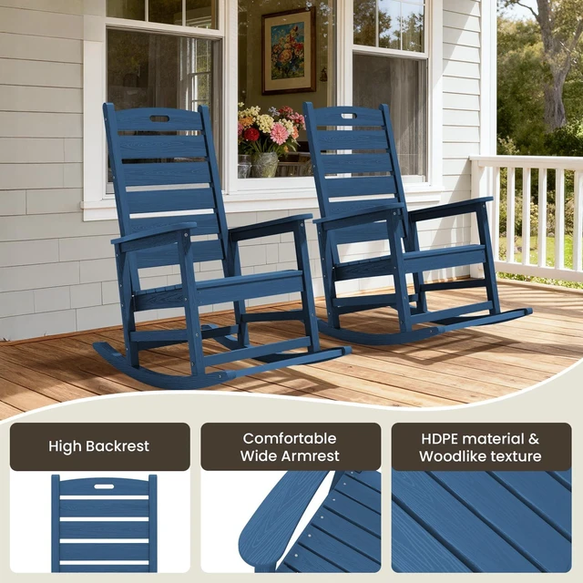 Alt view image 5 of 7 - HDPE Outdoor Rocking Chair with Footboard, HDPE, All-Weather, Navy | Heavy Duty Front Porch Rocker with Footrest, all Weather Porch Rocker for Deck Patio Balcony, 350lbs Weight Capacity