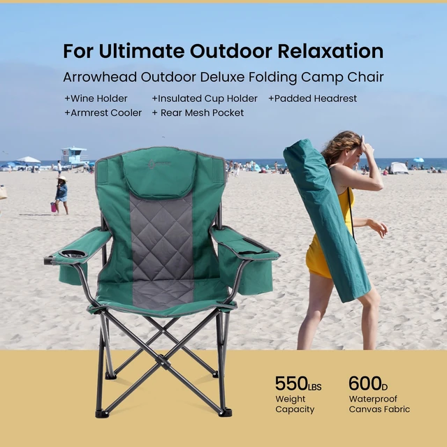 Alt view image 2 of 7 - Deluxe Folding Camp Chair, Integrated Cooler, Headrest | and Dual Cup Holders., 550lb Capacity Heavy-Duty Quad, Camping, Beach, Tailgating, Fishing, Patio, Hunting, Backyard, Picnic
