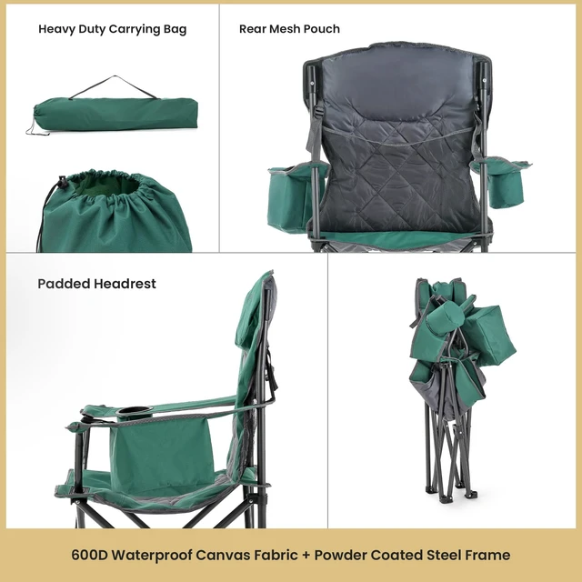 Alt view image 5 of 7 - Deluxe Folding Camp Chair, Integrated Cooler, Headrest | and Dual Cup Holders., 550lb Capacity Heavy-Duty Quad, Camping, Beach, Tailgating, Fishing, Patio, Hunting, Backyard, Picnic