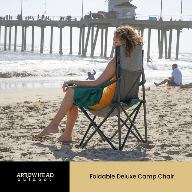 Alt view image 7 of 7 - Deluxe Folding Camp Chair, Integrated Cooler, Headrest | and Dual Cup Holders., 550lb Capacity Heavy-Duty Quad, Camping, Beach, Tailgating, Fishing, Patio, Hunting, Backyard, Picnic