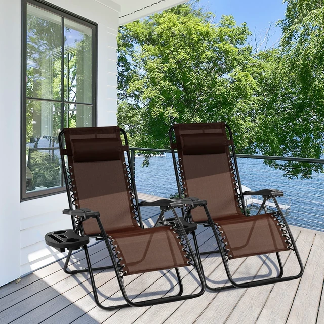 Alt view image 2 of 7 - 2 PCS Zero Gravity Chair, Outdoor Chaise Lounge with Cup Holder, Patio Folding Chairs Recliner for Yard Pool Lawn Balcony