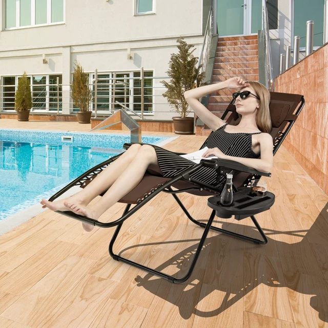 Alt view image 3 of 7 - 2 PCS Zero Gravity Chair, Outdoor Chaise Lounge with Cup Holder, Patio Folding Chairs Recliner for Yard Pool Lawn Balcony