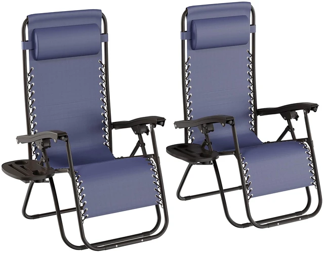 Main image of Set of 2 Zero-Gravity Chairs - Folding Patio Furniture - Outdoor Recliners with Side Table, Cup or Phone Holder and Chair Pillow (Navy)